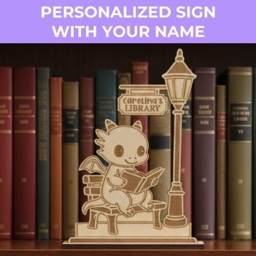 cartel de dragón personalizado con nombre para estantería